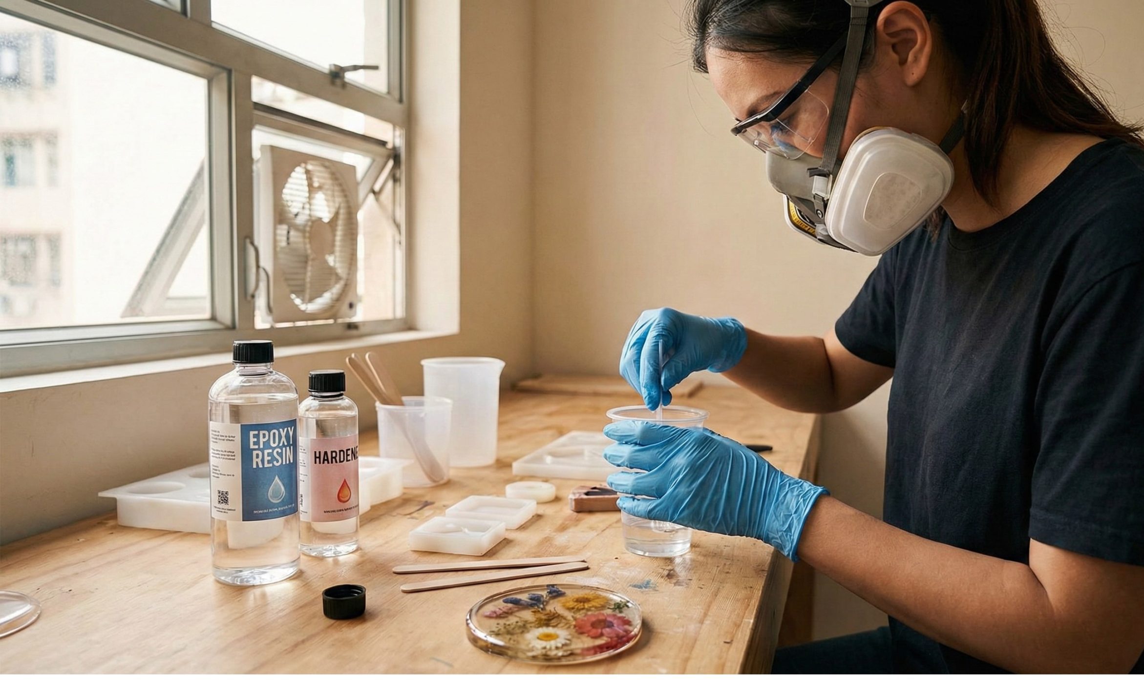 Osoba w okularach ochronnych, masce i niebieskich rękawiczkach miesza żywicę w plastikowym kubku na drewnianym stole. Obok leżą butelki z żywicą epoksydową i utwardzaczem, silikonowe formy, akcesoria oraz gotowa podkładka z żywicy z zatopionymi suszonymi kwiatami.