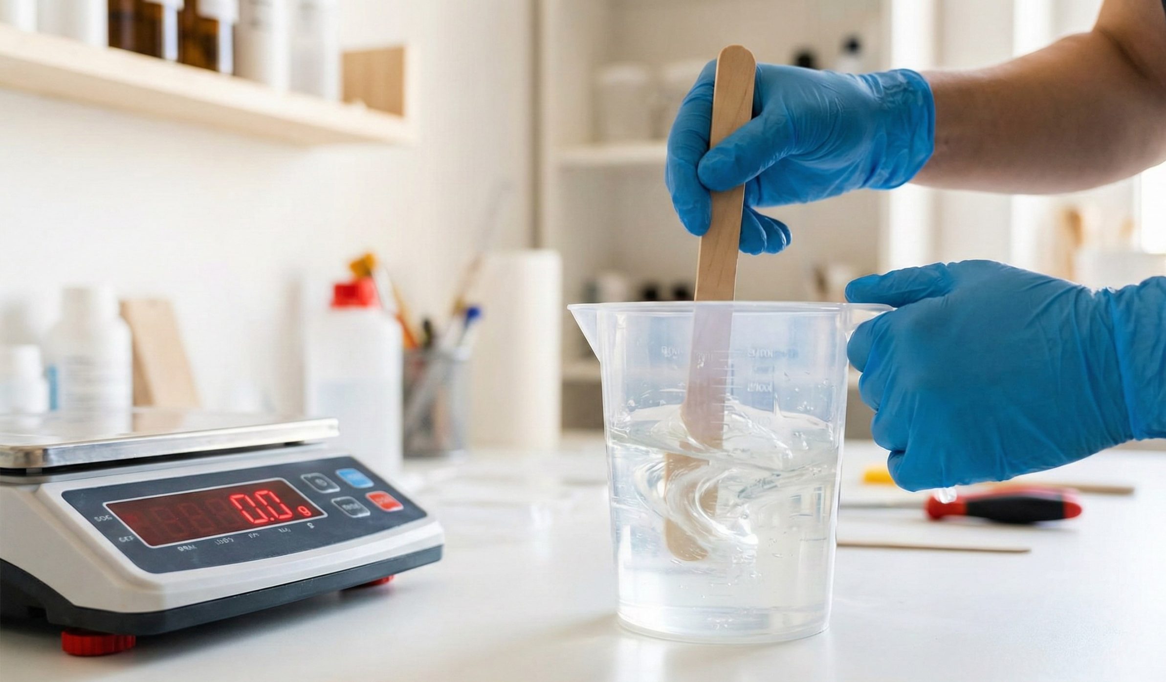 Dłonie w niebieskich rękawiczkach mieszają przejrzystą, gęstą ciecz drewnianym patyczkiem w przezroczystej zlewce z podziałką