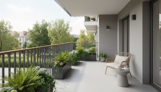 Wykończenie balkonu żywicą poliuretanową w szarym kamykowym RAL 7032