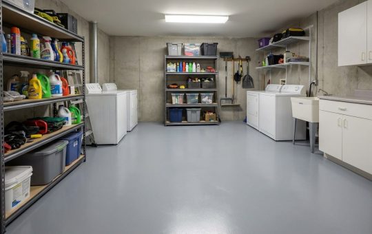 Przestronna pralnia lub pomieszczenie gospodarcze z betonowymi ścianami i jasnoszarą, błyszczącą podłogą w kolorze RAL 7001.