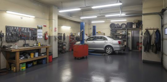 Przestronny warsztat samochodowy z lśniącą, ciemnoszarą podłogą w kolorze RAL 7024, na której stoi srebrny sedan uniesiony na niebieskim podnośniku hydraulicznym. Po bokach widać drewniany stół warsztatowy z narzędziami, półki z oponami i częściami, a także zawieszone na ścianie kombinezony robocze.