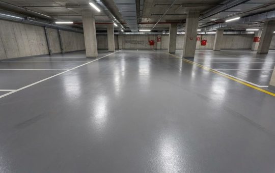 Obszerny, parking podziemny z błyszczącą posadzką w kolorze RAL 7037. Na szarej powierzchni widoczne są wyraźne białe i żółte linie wyznaczające miejsca parkingowe, otoczone surowymi betonowymi filarami i ścianami.